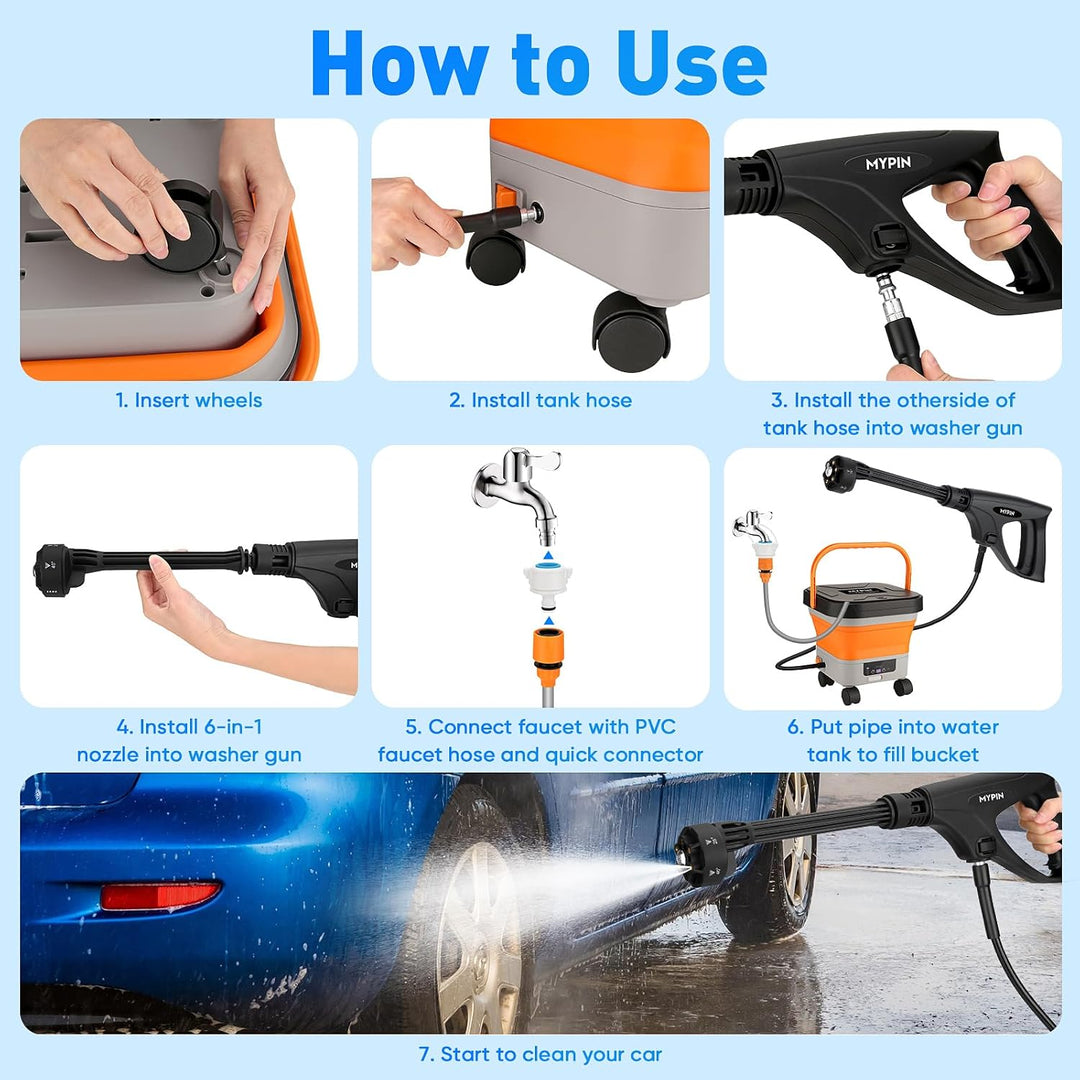 MYPIN 660 PSI Cordless Pressure Washer – 3.4-Gal Folding Tank & 7 Pressure Levels