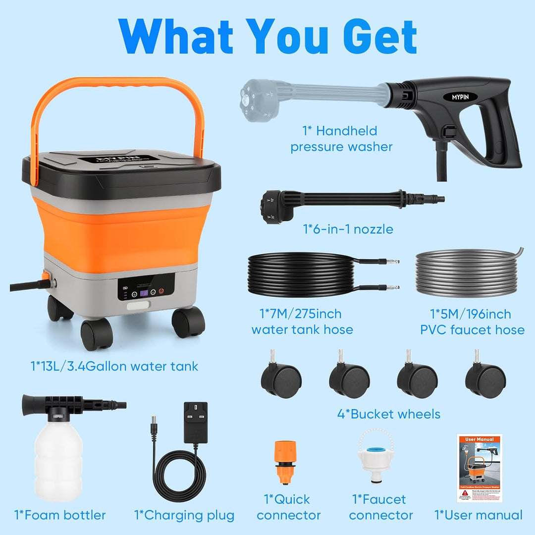 MYPIN 660 PSI Cordless Pressure Washer – 3.4-Gal Folding Tank & 7 Pressure Levels